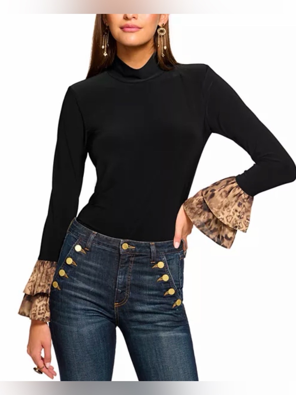 Ramy Brook Black Mock Neck Top with Leopard Ruffle Sleeves